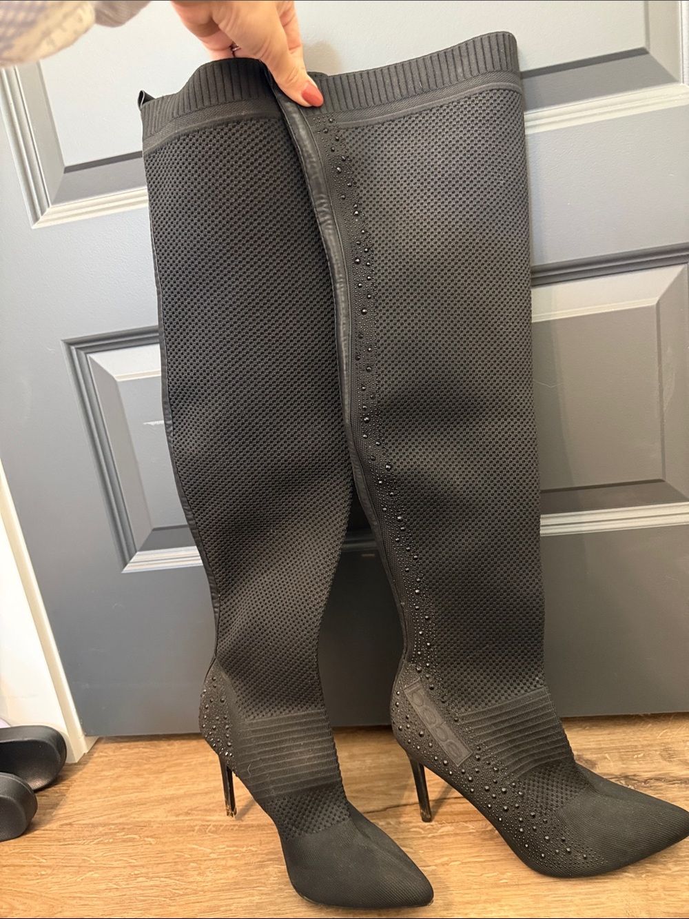 bebe Black Over-the-Knee Pointed Stiletto Boots with Stud Accents